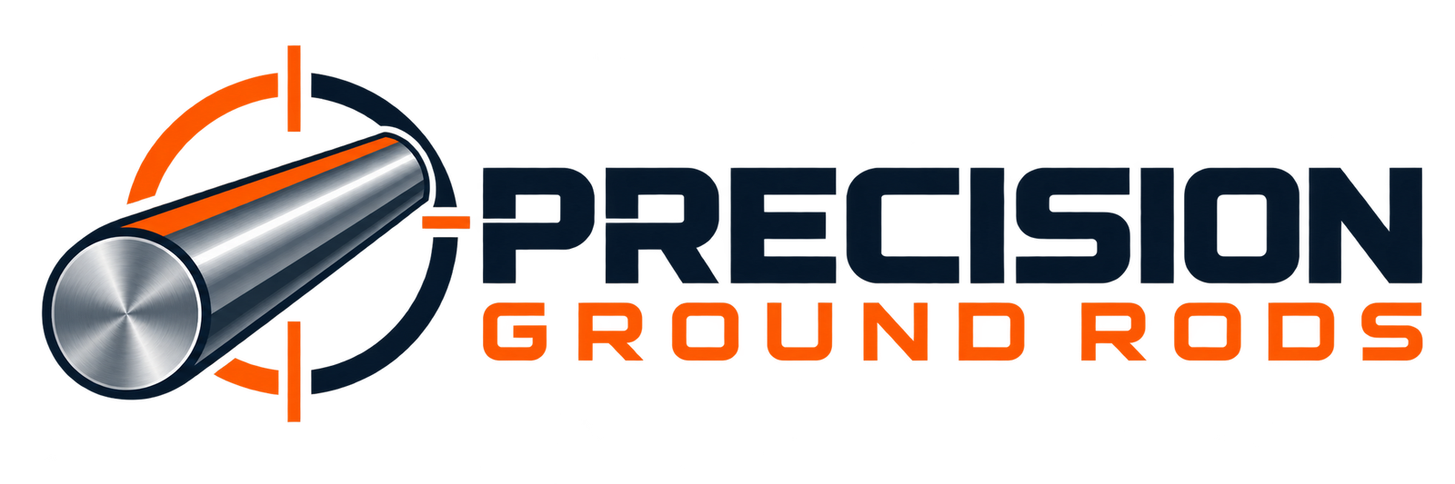 Precision Ground Rods logo with orange precision crosshair and polished steel round rod